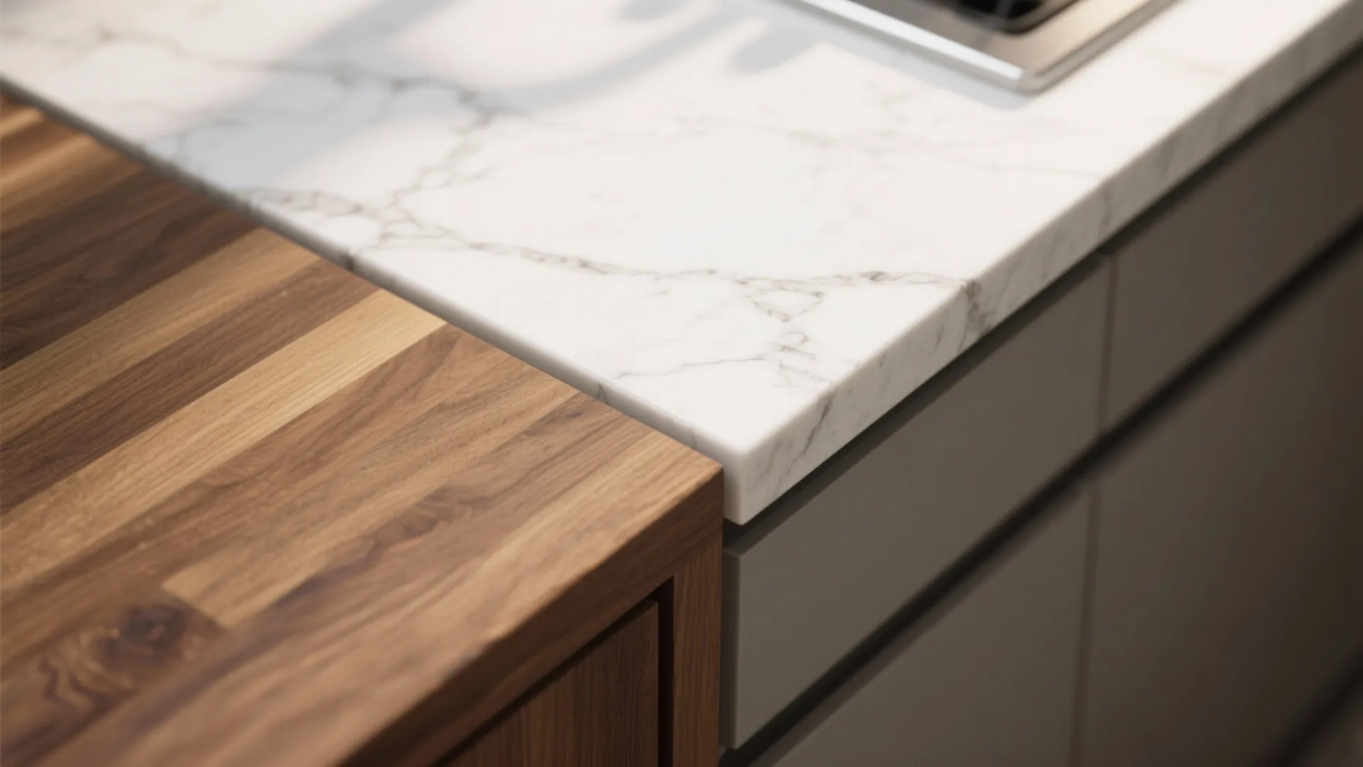 Close up of mixed kitchen surfaces featuring dark wood butcher block and white marble countertop