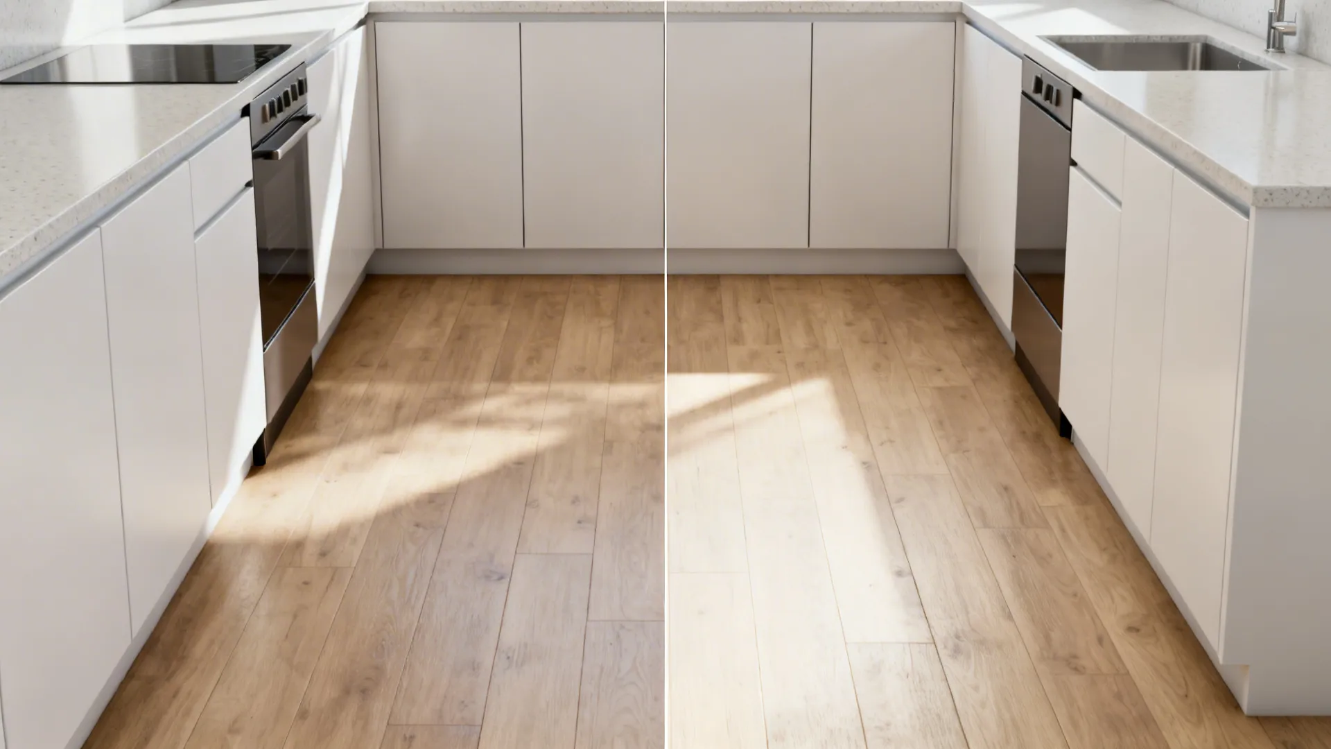Before-and-after view showing wider aisle with reduced-depth base cabinets on the short leg of an L-kitchen.