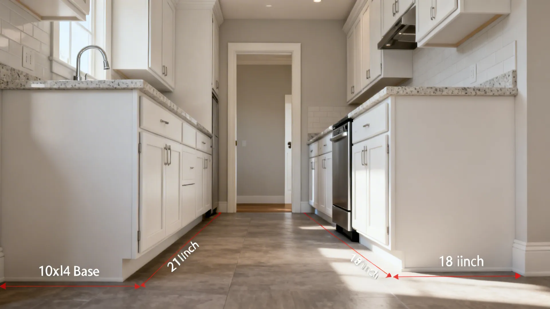 Run of cabinets stepping from standard to shallower depths to widen a kitchen aisle.