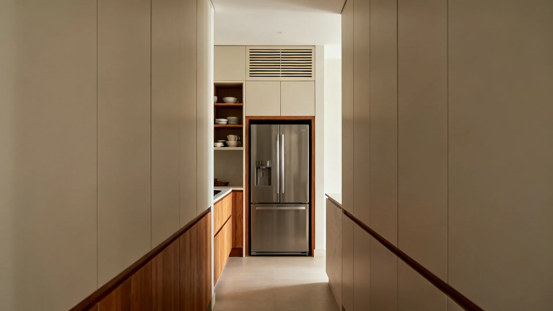 Built-in fridge recessed with mixed-depth crockery cabinetry and a louvered vent panel above.
