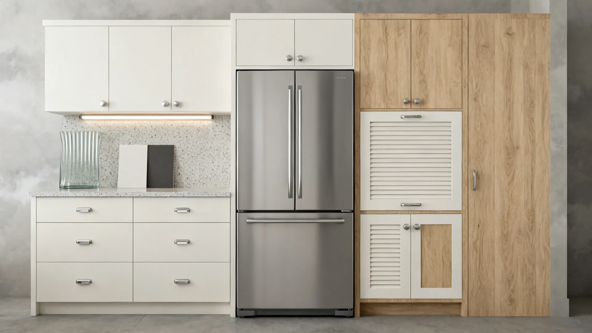 Flat lay of cabinet finishes, fluted glass, hardware, quartz, and LED for a built-in look.