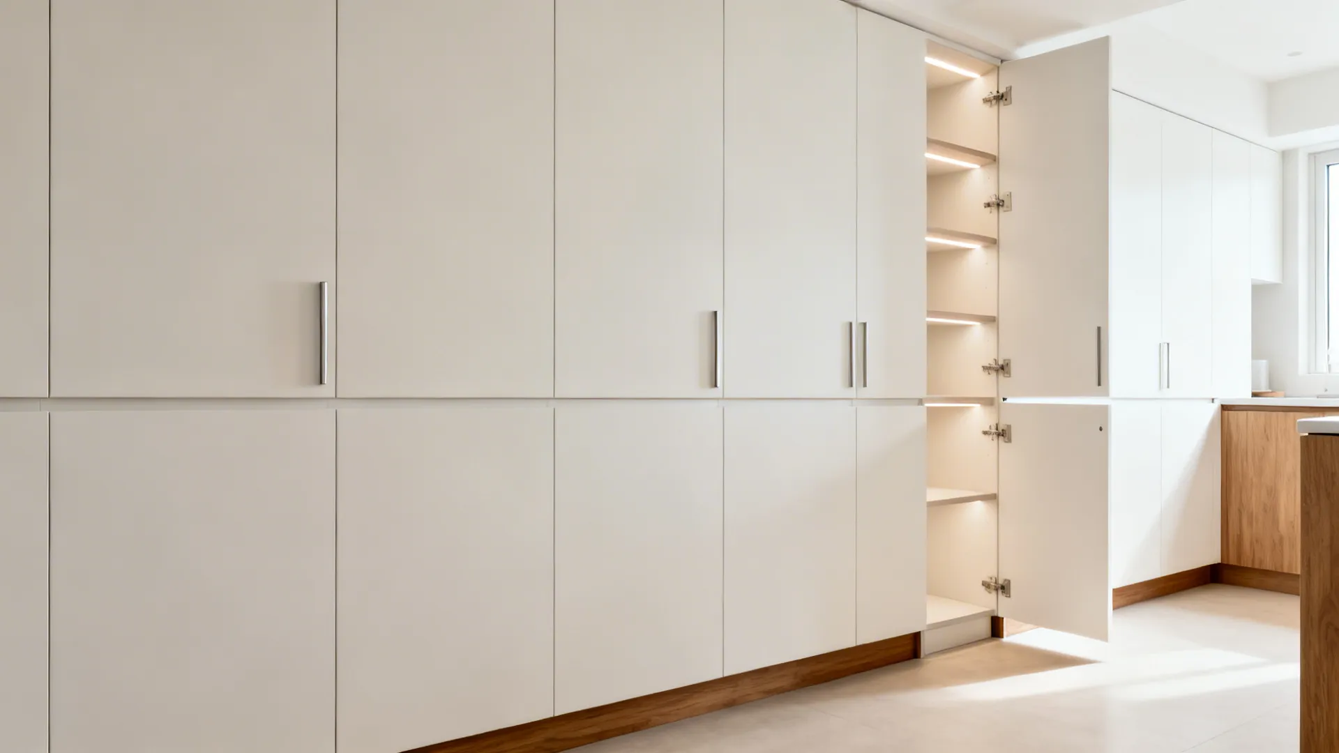 Floor-to-ceiling pantry wall with shallow uppers and standard-depth lowers in a small kitchen.