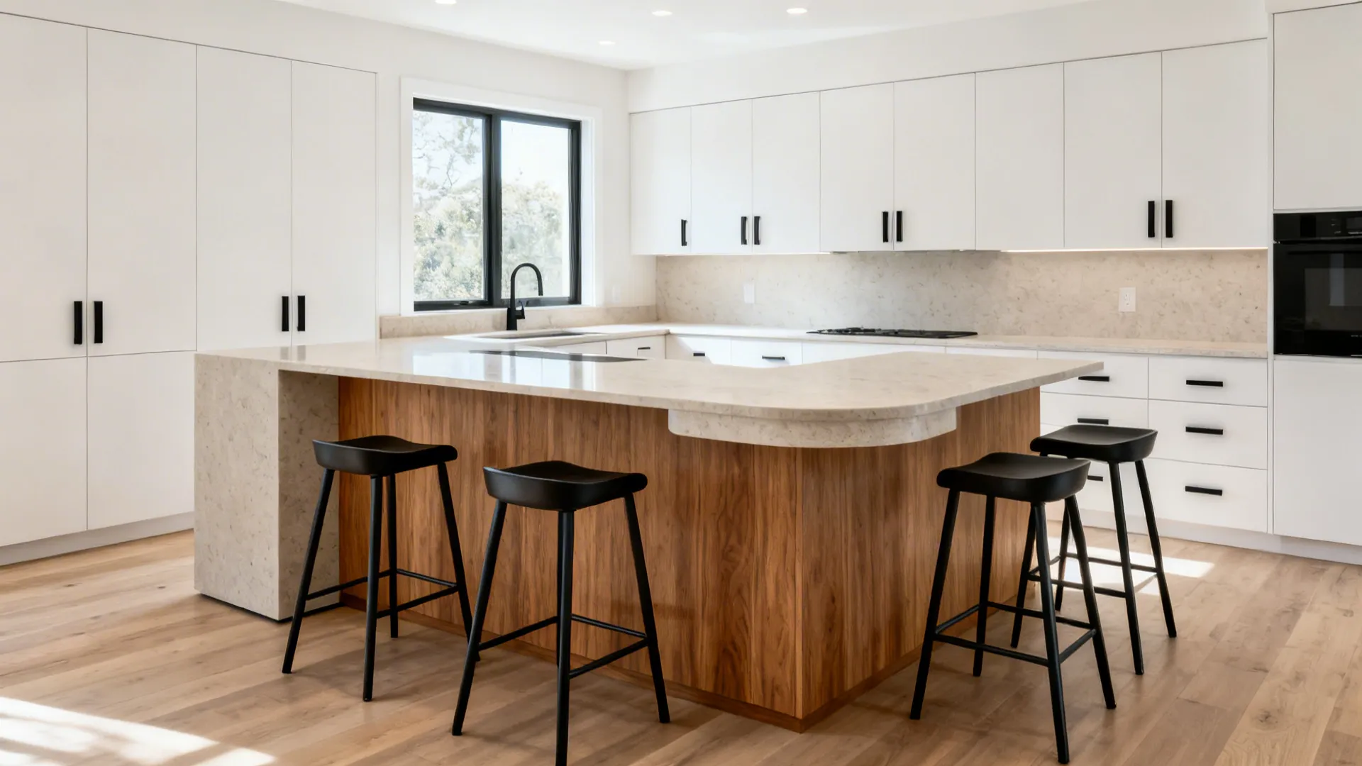 Extended island with mixed-depth seating