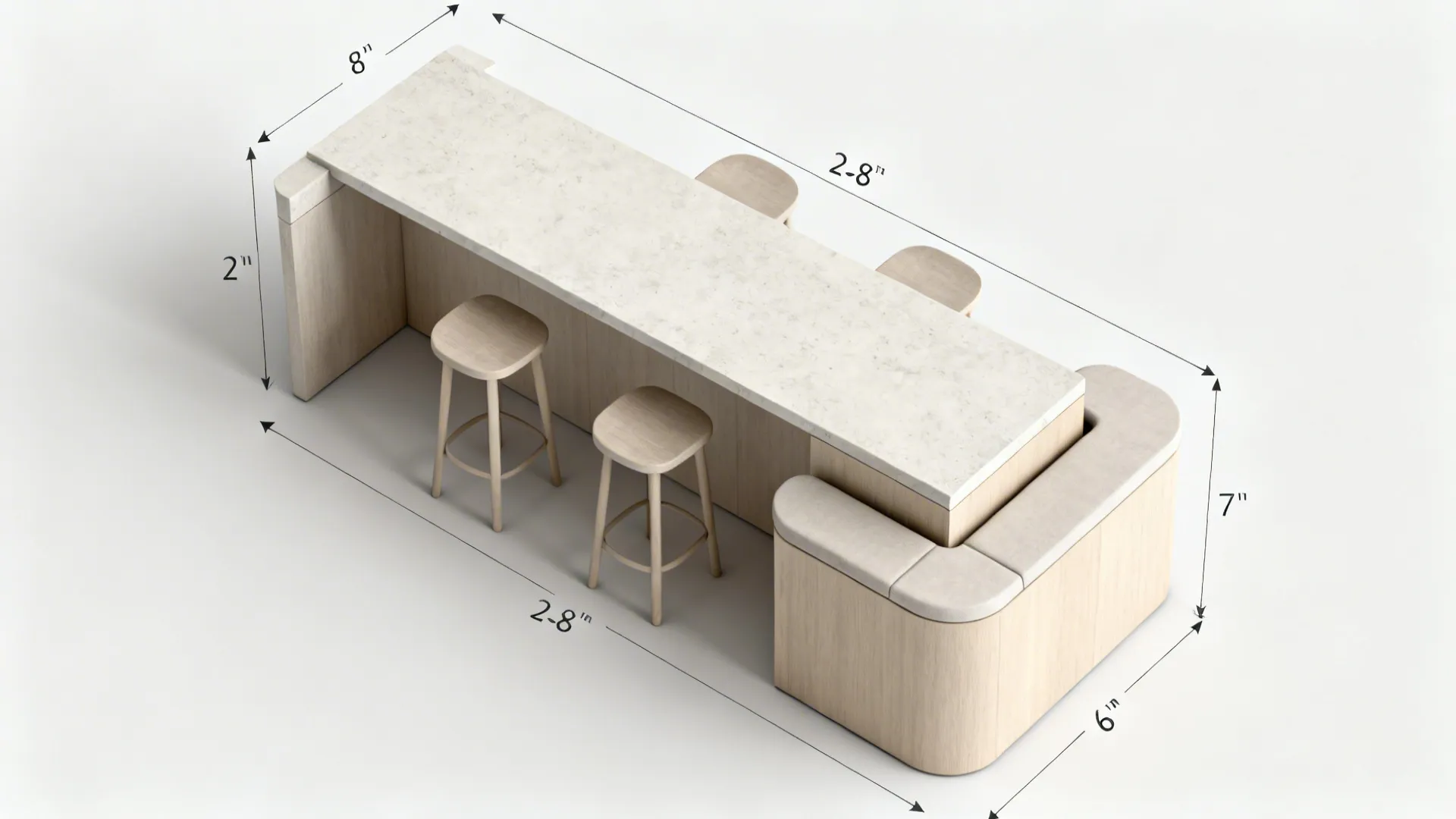 Extended island with mixed-depth seating