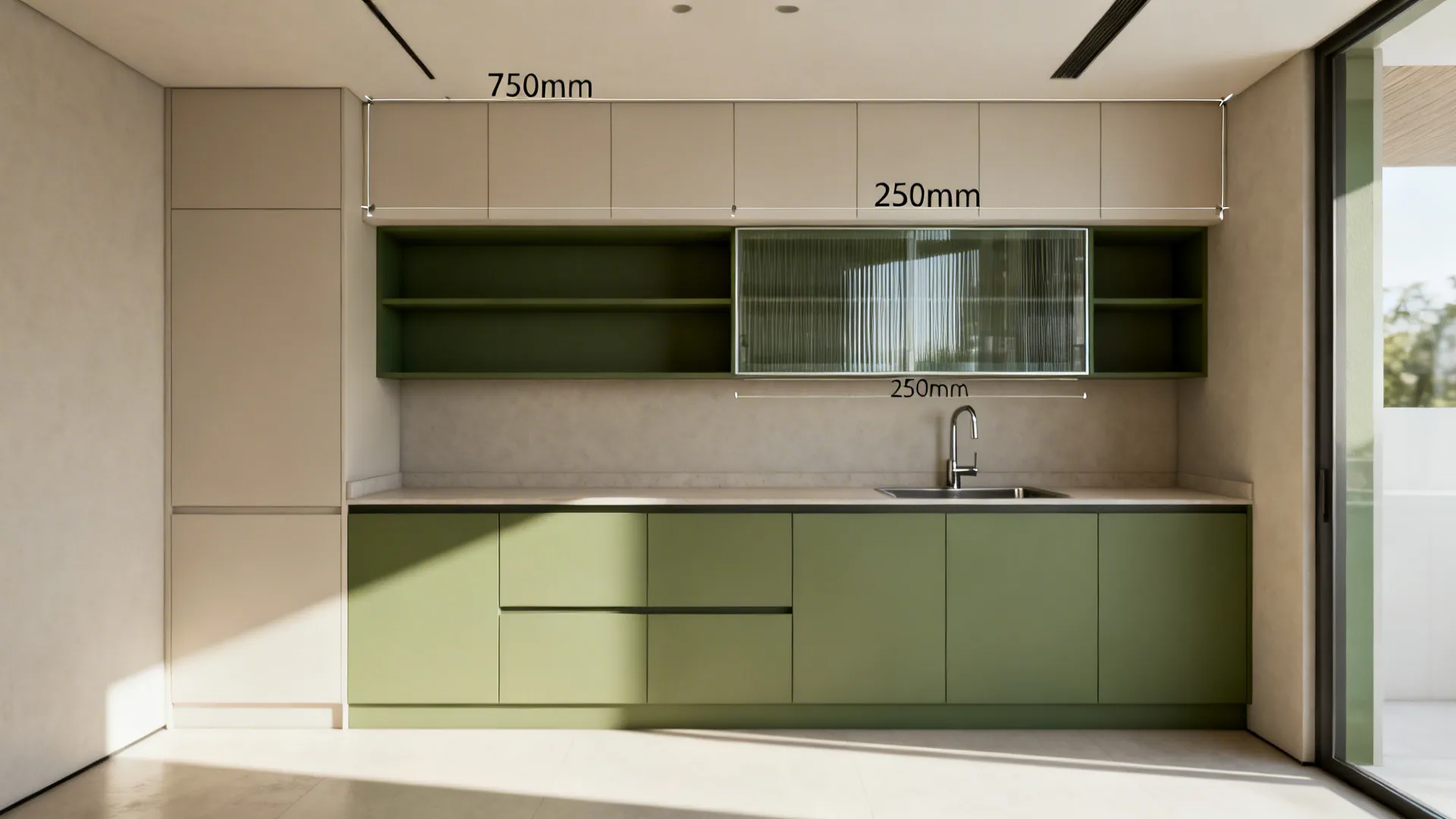 Staggered-depth upper cabinets with a reeded glass accent brighten a compact kitchen wall.