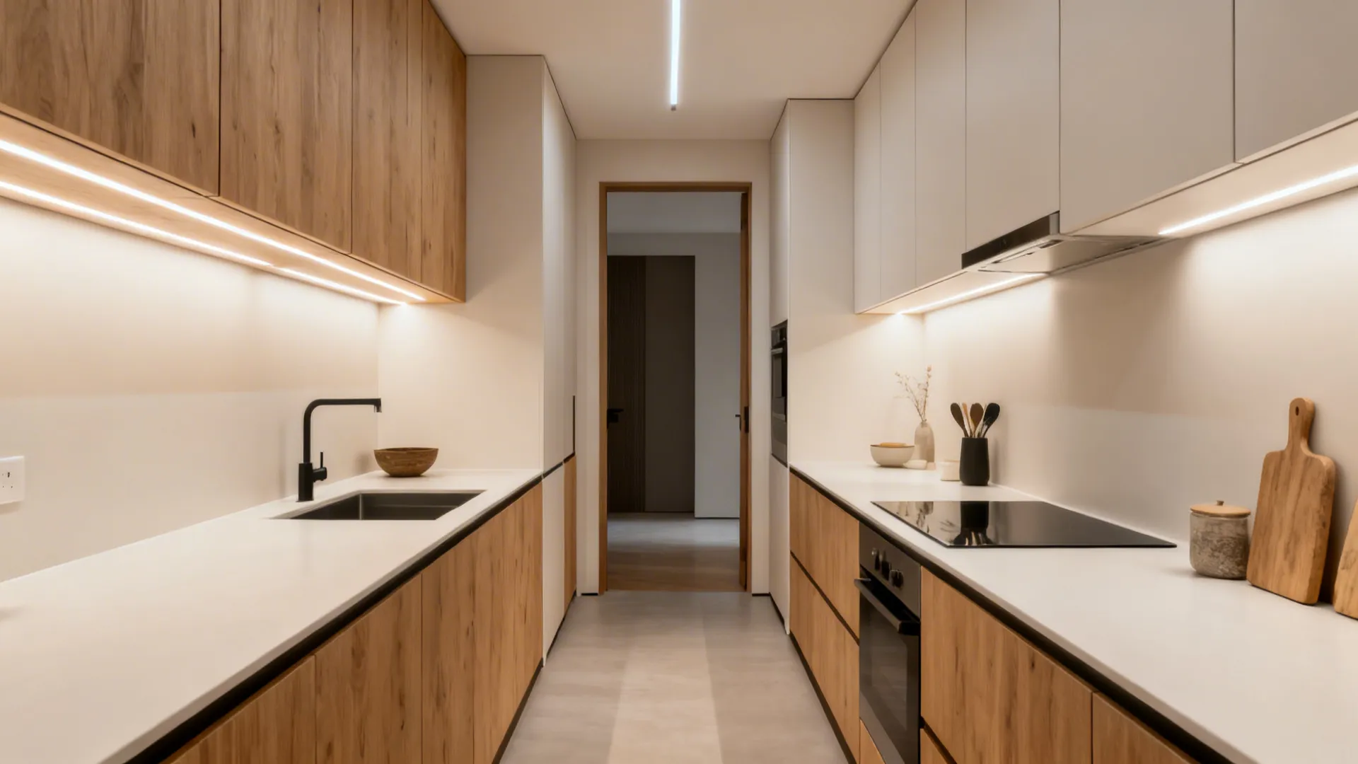Galley kitchen with shallow uppers near the entry transitioning to standard-depth cabinets over the counter.