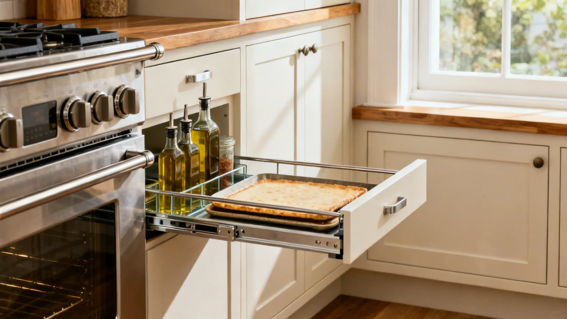 Macro of slim base pull-out for oils with shallow uppers near a window in a compact kitchen.