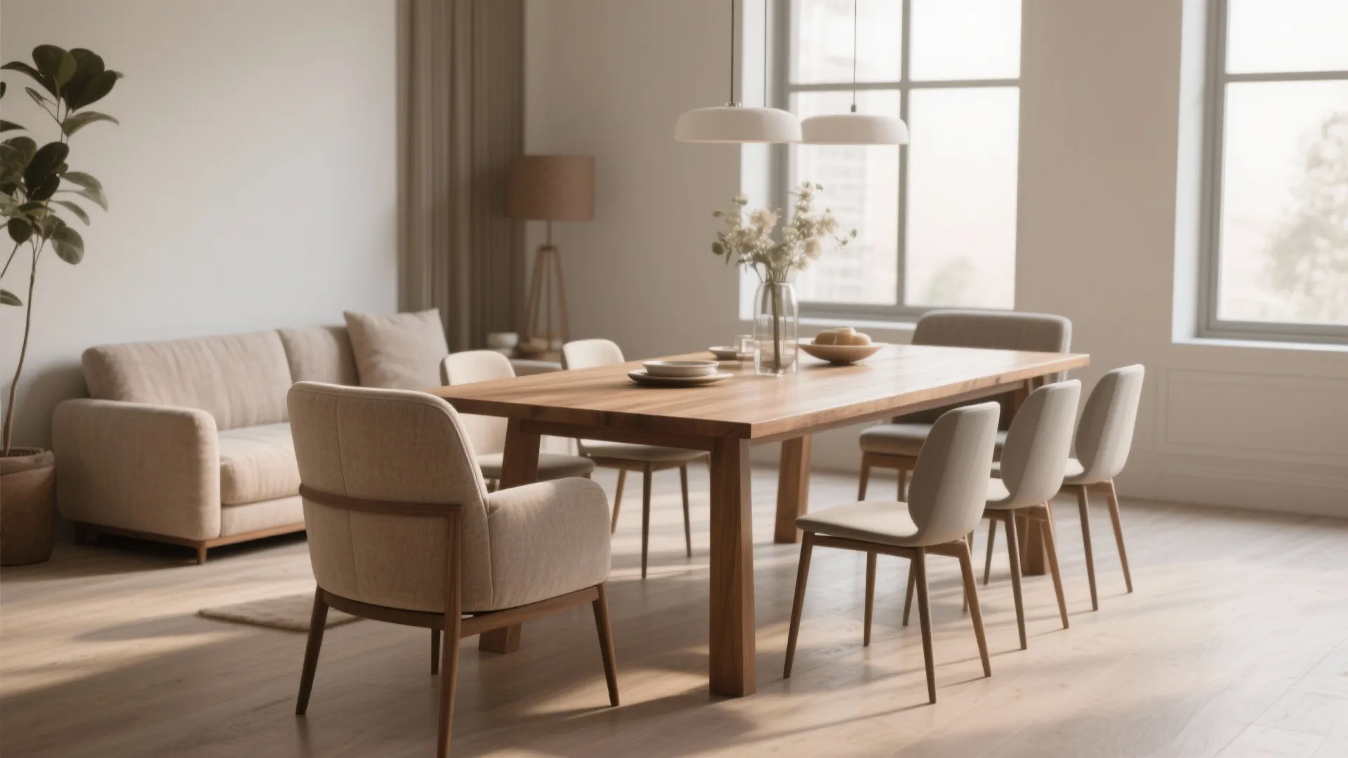 Bright dining area with wooden table different beige chairs beige sofa and large floor plant