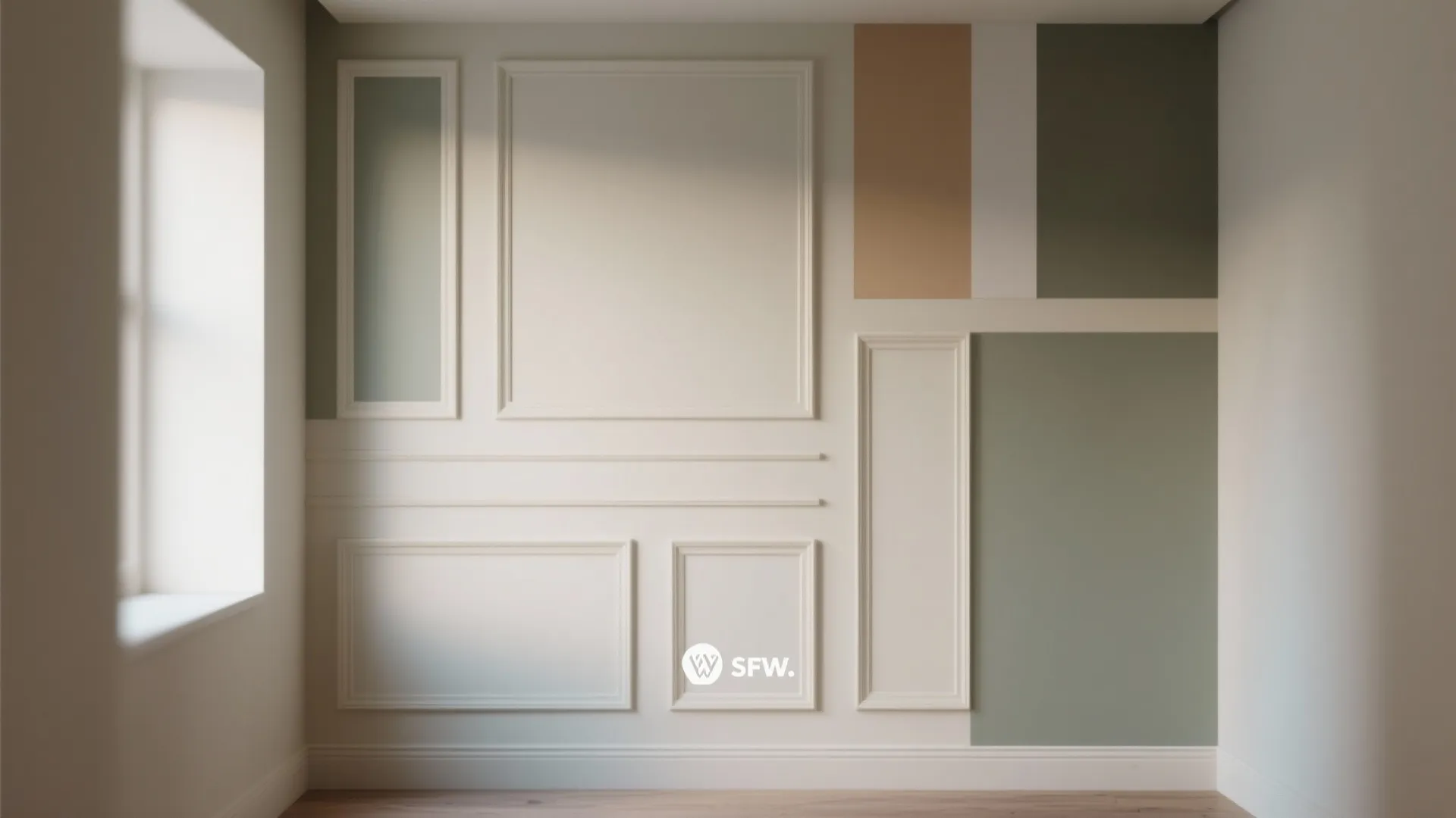 Modern wall panel design featuring green and brown color blocks in a bright empty room