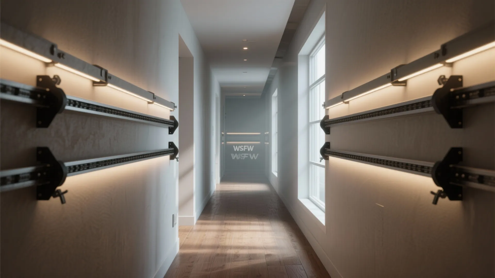 Modern hallway interior design with wooden floors white walls and warm glowing wall light fixtures
