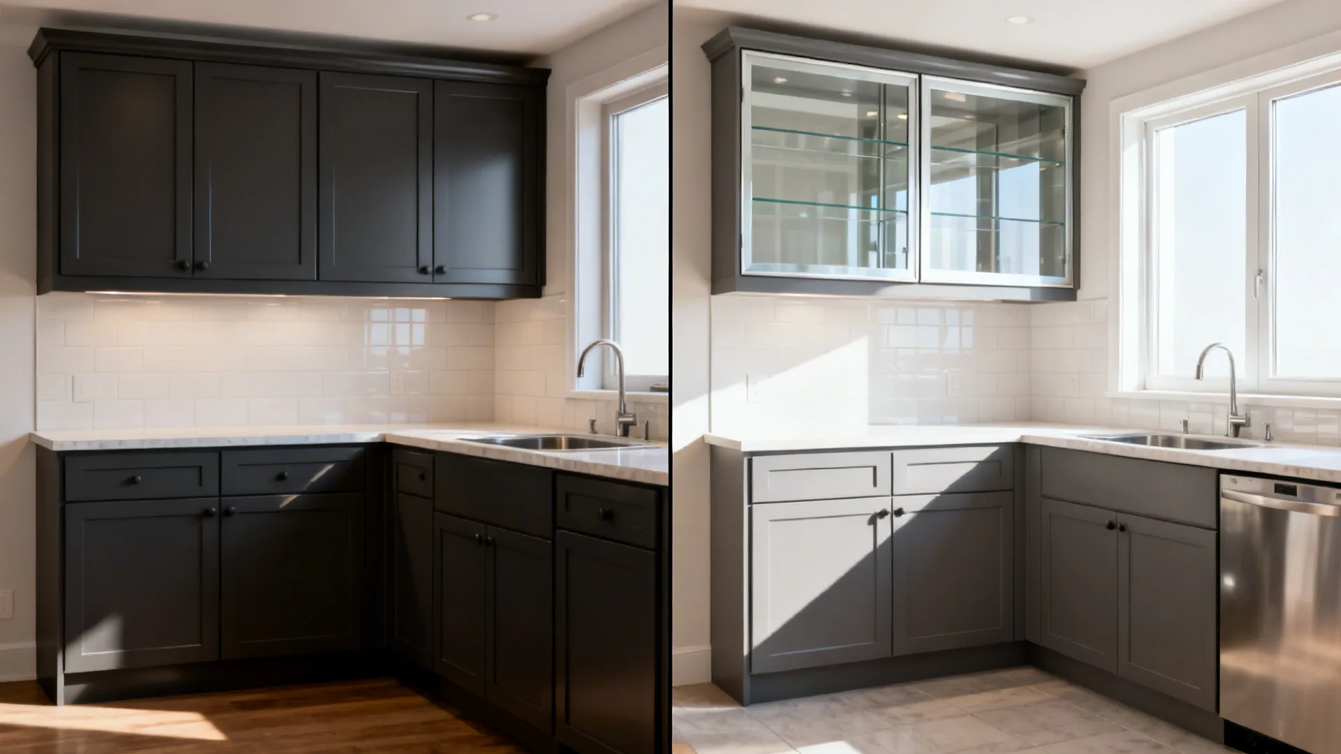 Before-and-after of a small kitchen switching to selective clear glass uppers.