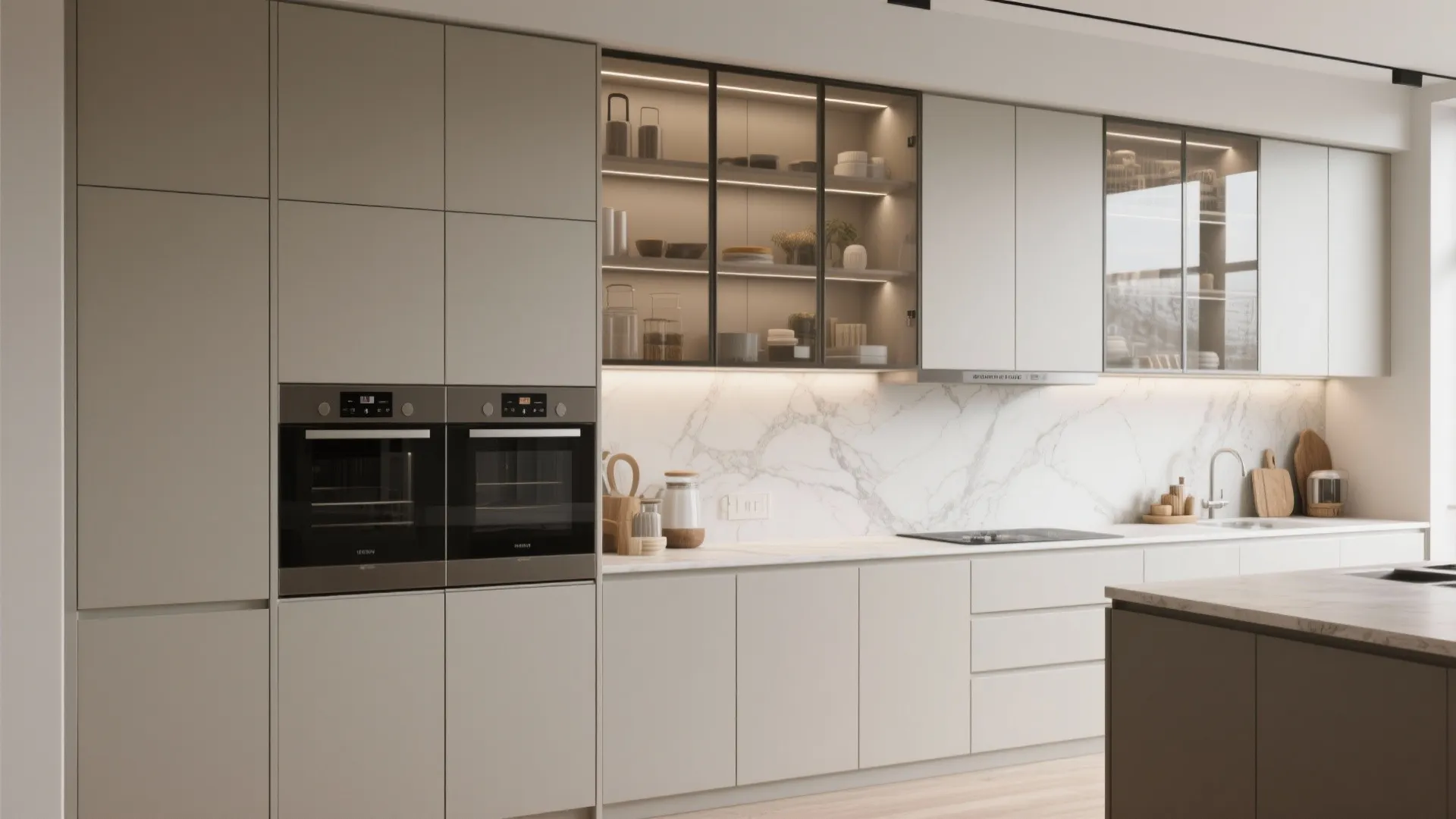 Kitchen cabinet run alternating solid and glass doors for practical concealment and display.