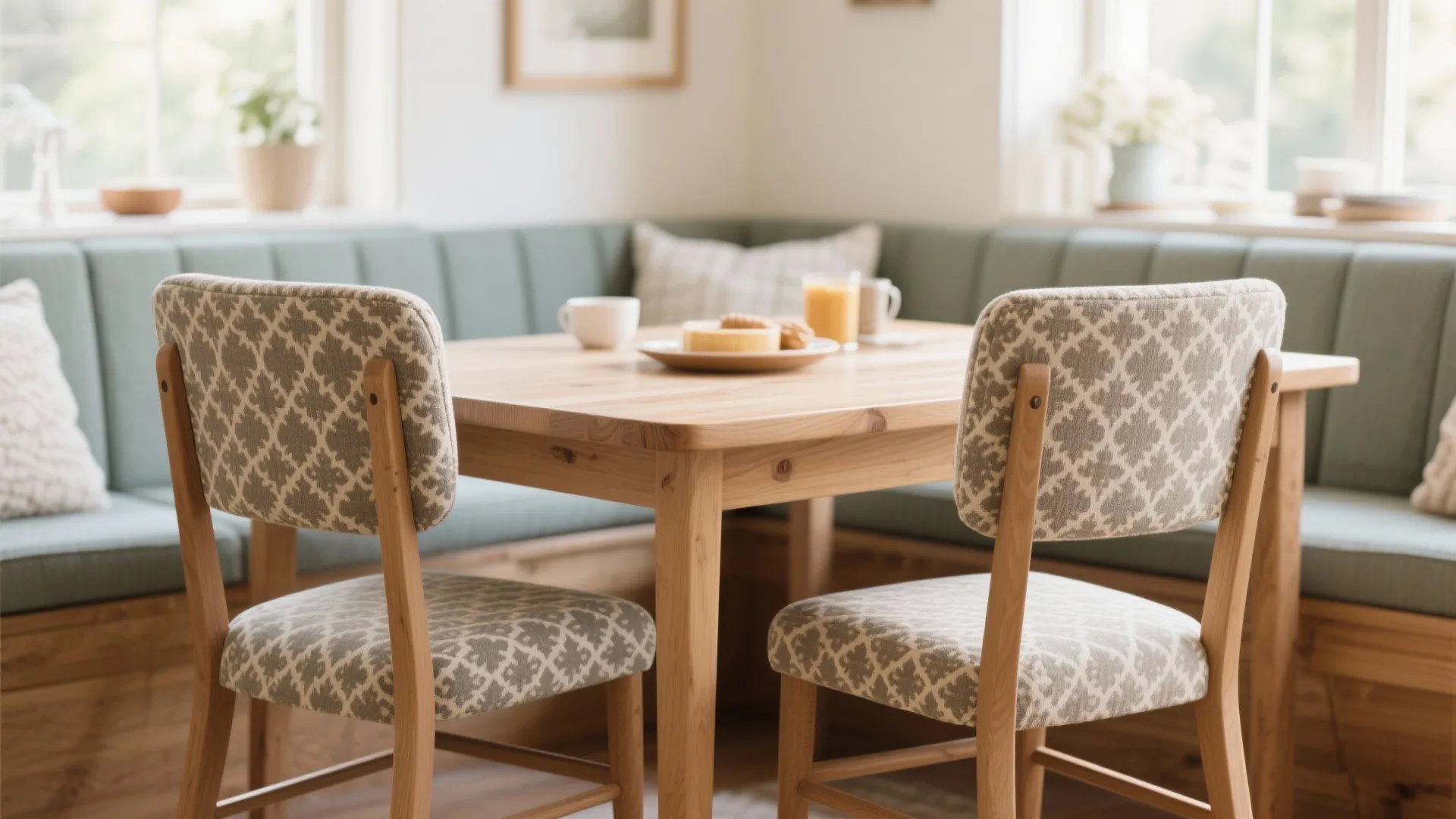 Wooden dining table with patterned chairs and green bench seat in a bright sunny corner