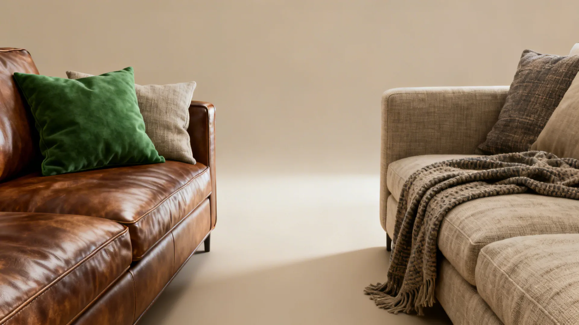 Close-up of mixed fabric sofas (leather and linen) with coordinated cushions and throws.