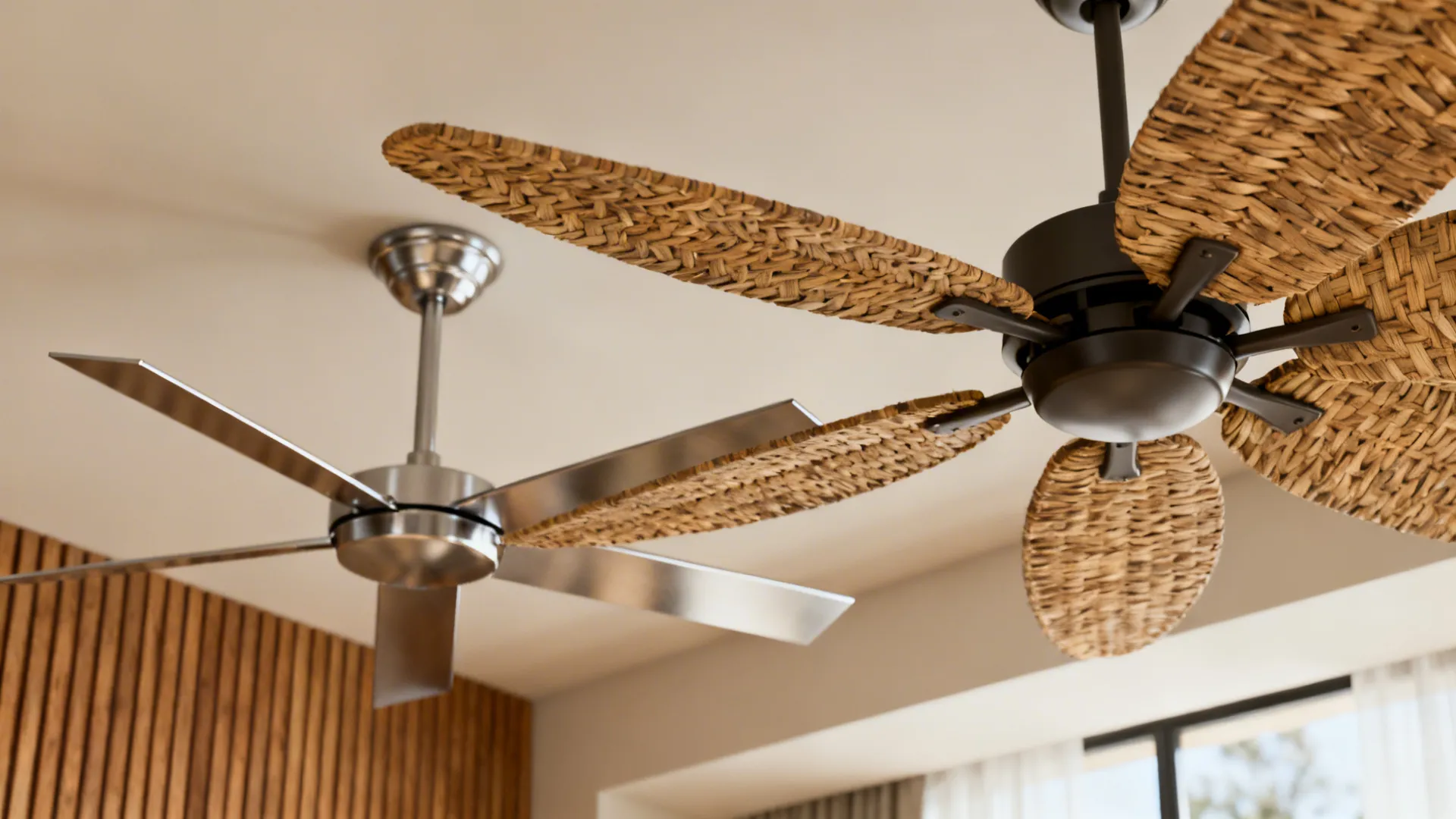 Close-up of two different ceiling fan styles—minimalist metal and woven-blade—showing complementary finishes.