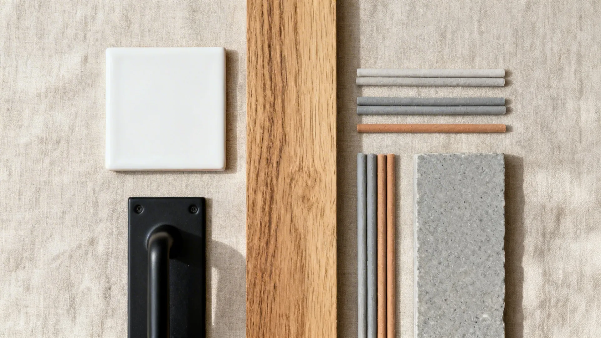 Interior design material flat lay with white tile wood plank black handle and grey stone