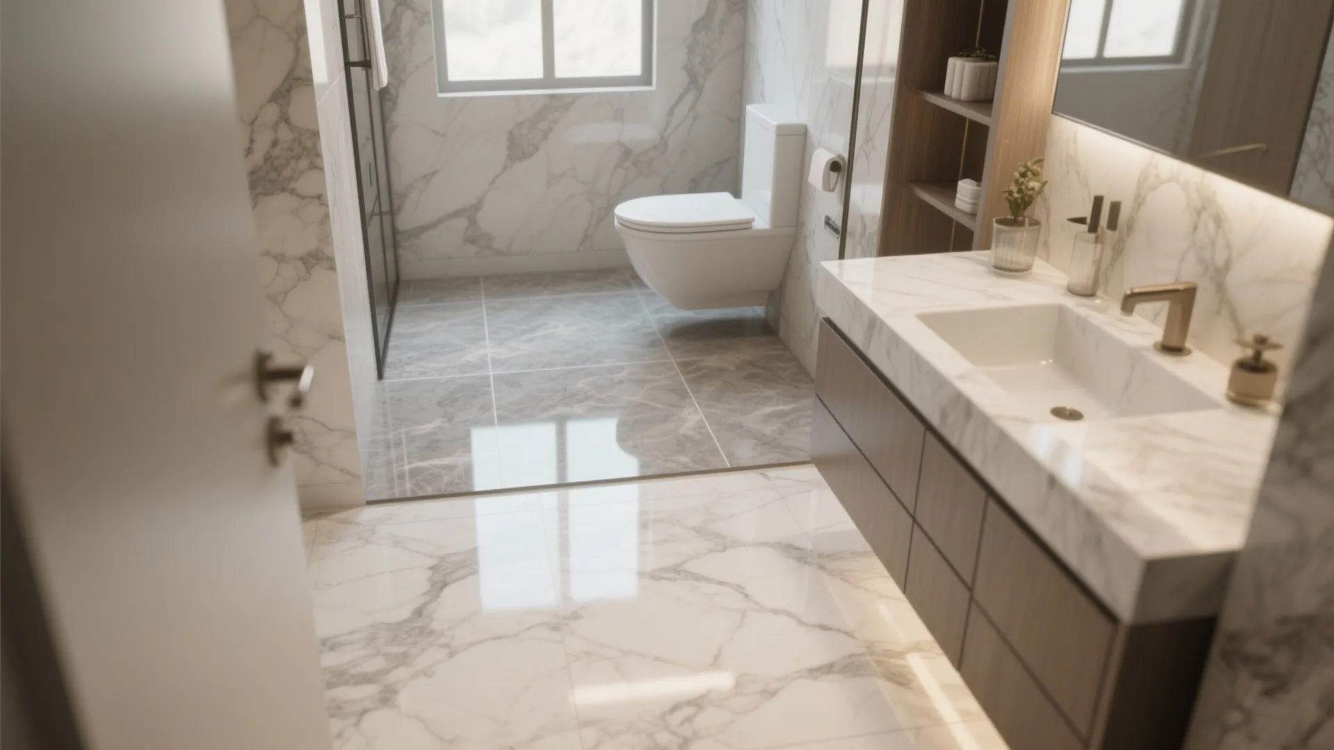 Bright bathroom with white marble flooring grey shower tiles wooden cabinet and white sink area