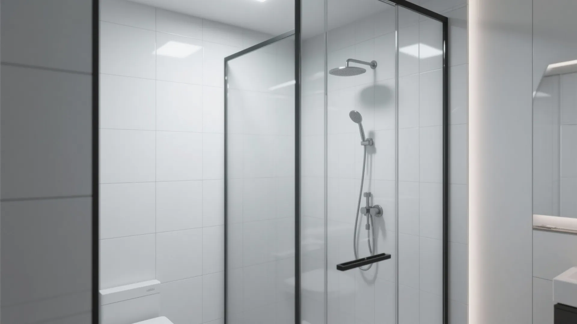 Modern white bathroom interior design with glass shower door black frame toilet and wall lights