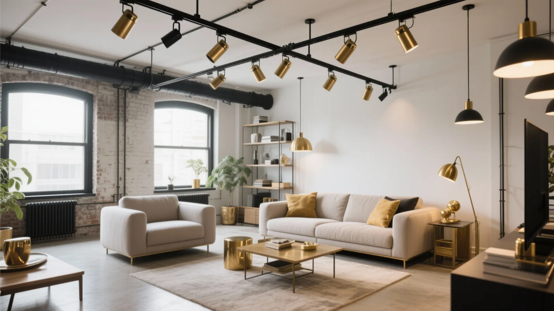 Loft living room with matte black and brushed brass track lighting
