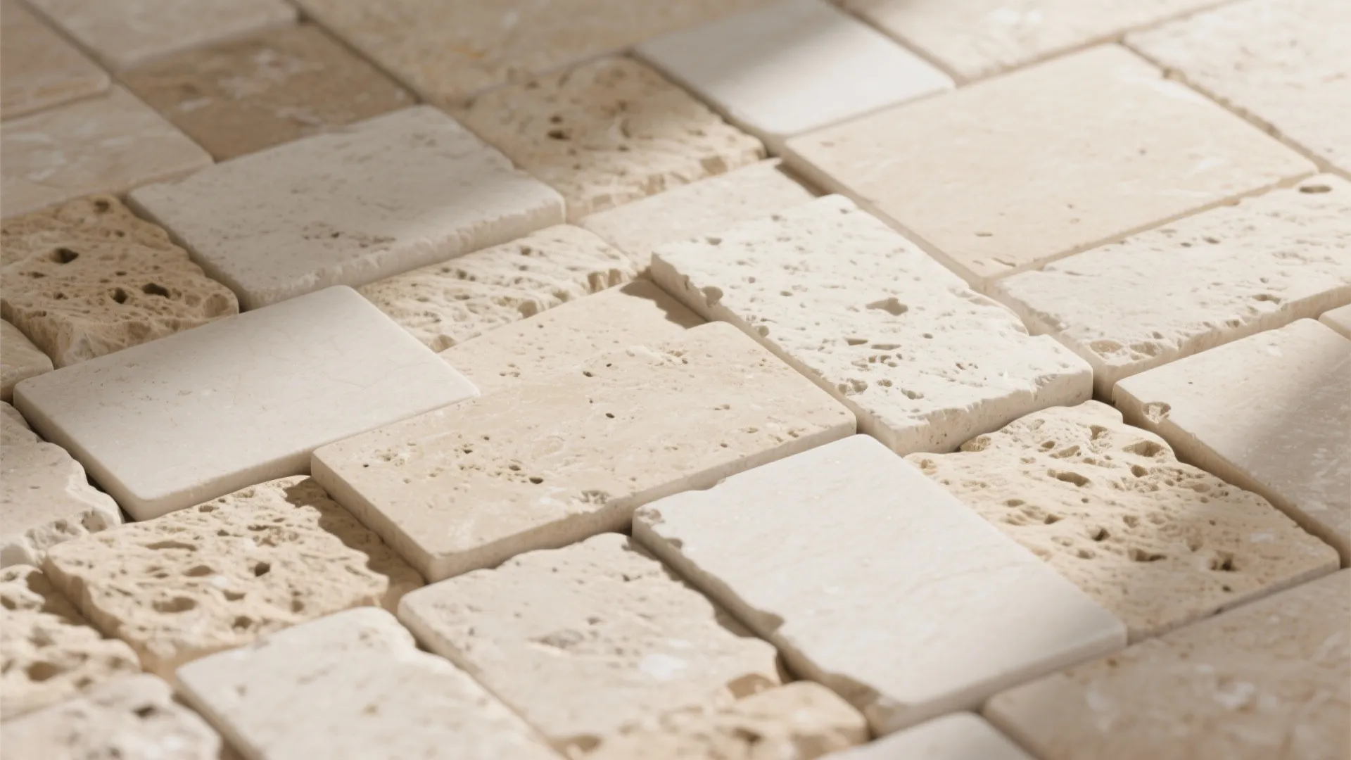 Detailed view of beige rectangular stone tiles with mixed smooth and porous textures for home walls
