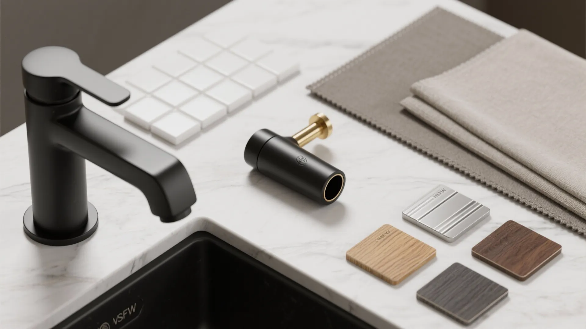 Black faucet on white marble counter with wood samples and fabric swatches for kitchen design