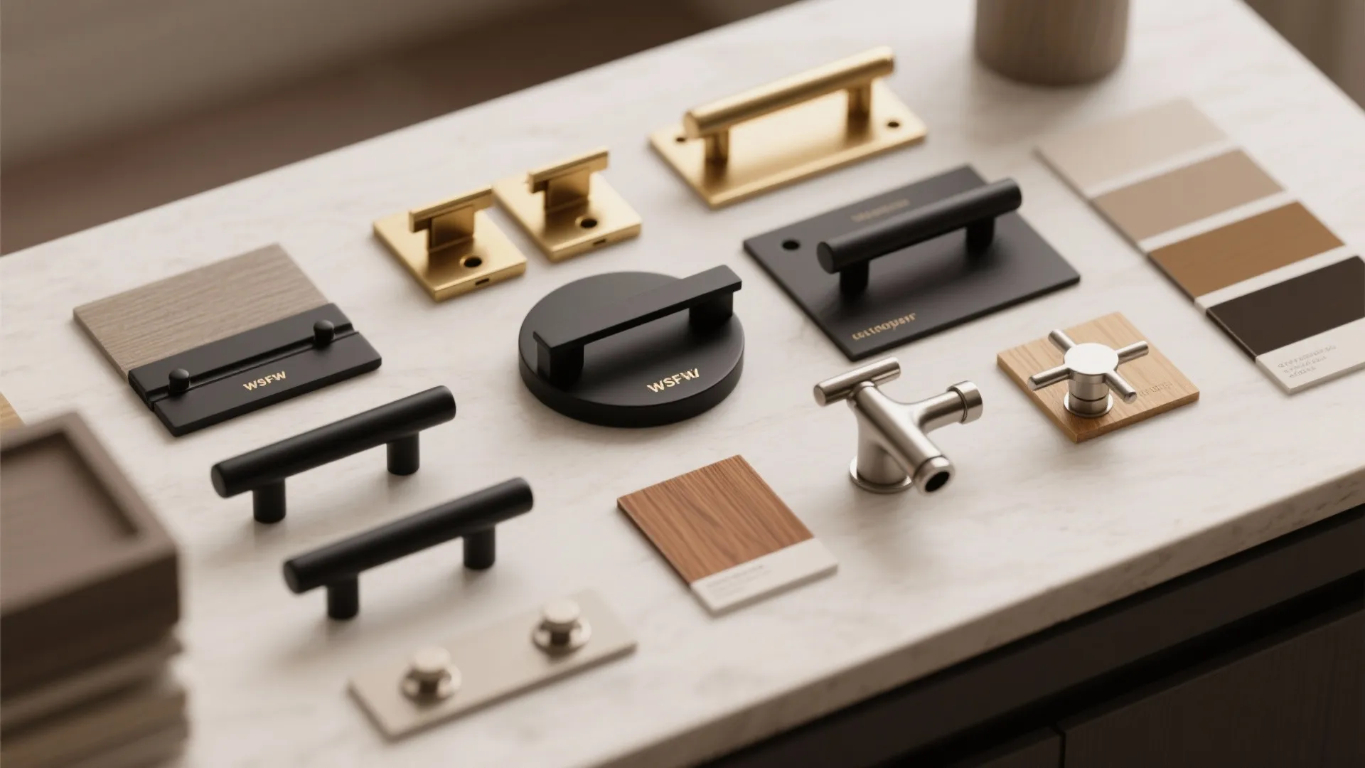Flatlay of matte black pulls with brass and nickel samples and wood chips