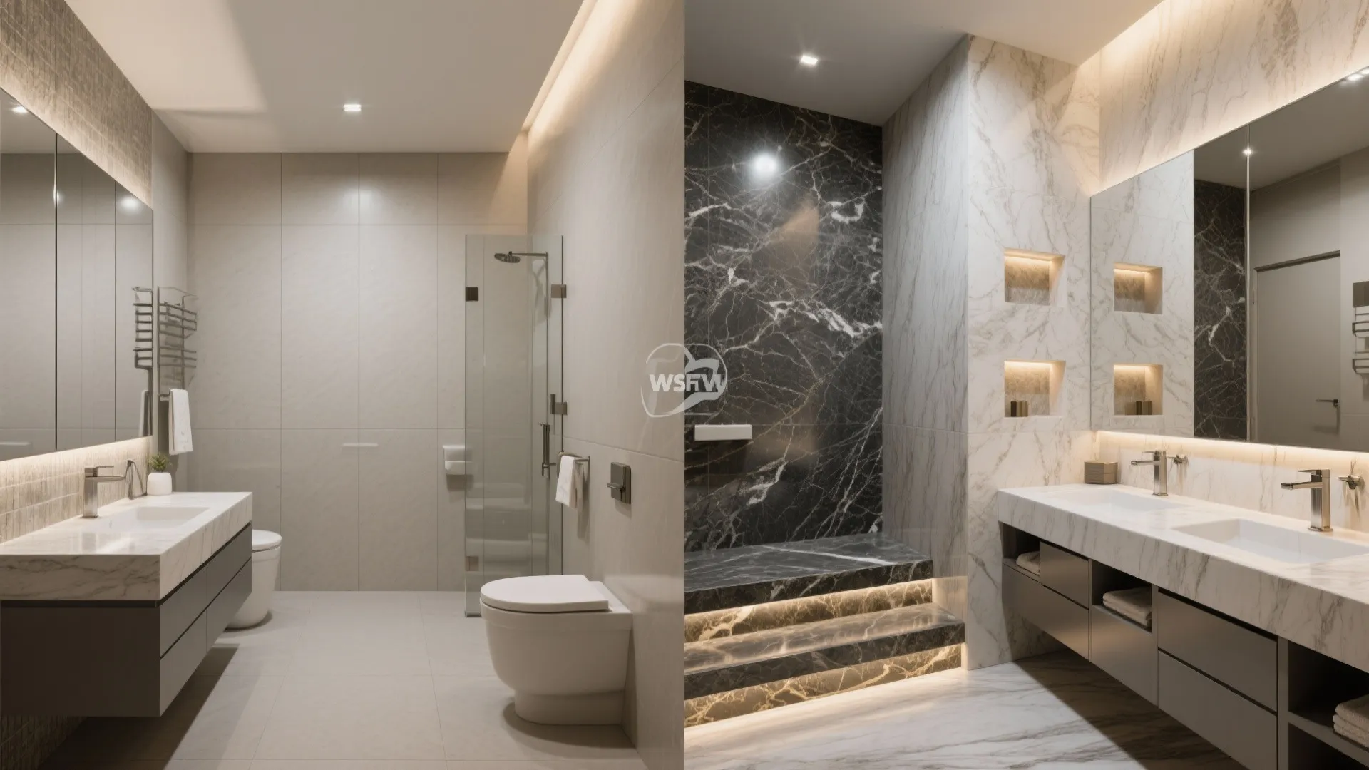 Split view showing polished granite walls, honed niches, and flamed thresholds for safety and style.