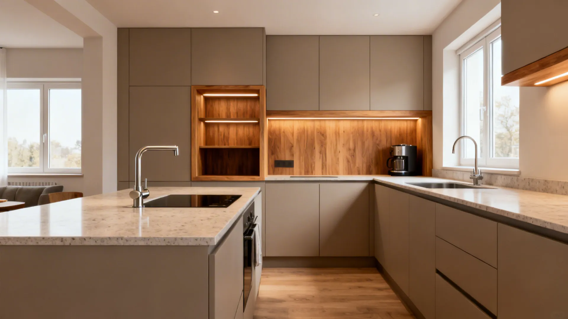 Compact L-shaped kitchen with matte neutral cabinets and a warm wood niche.