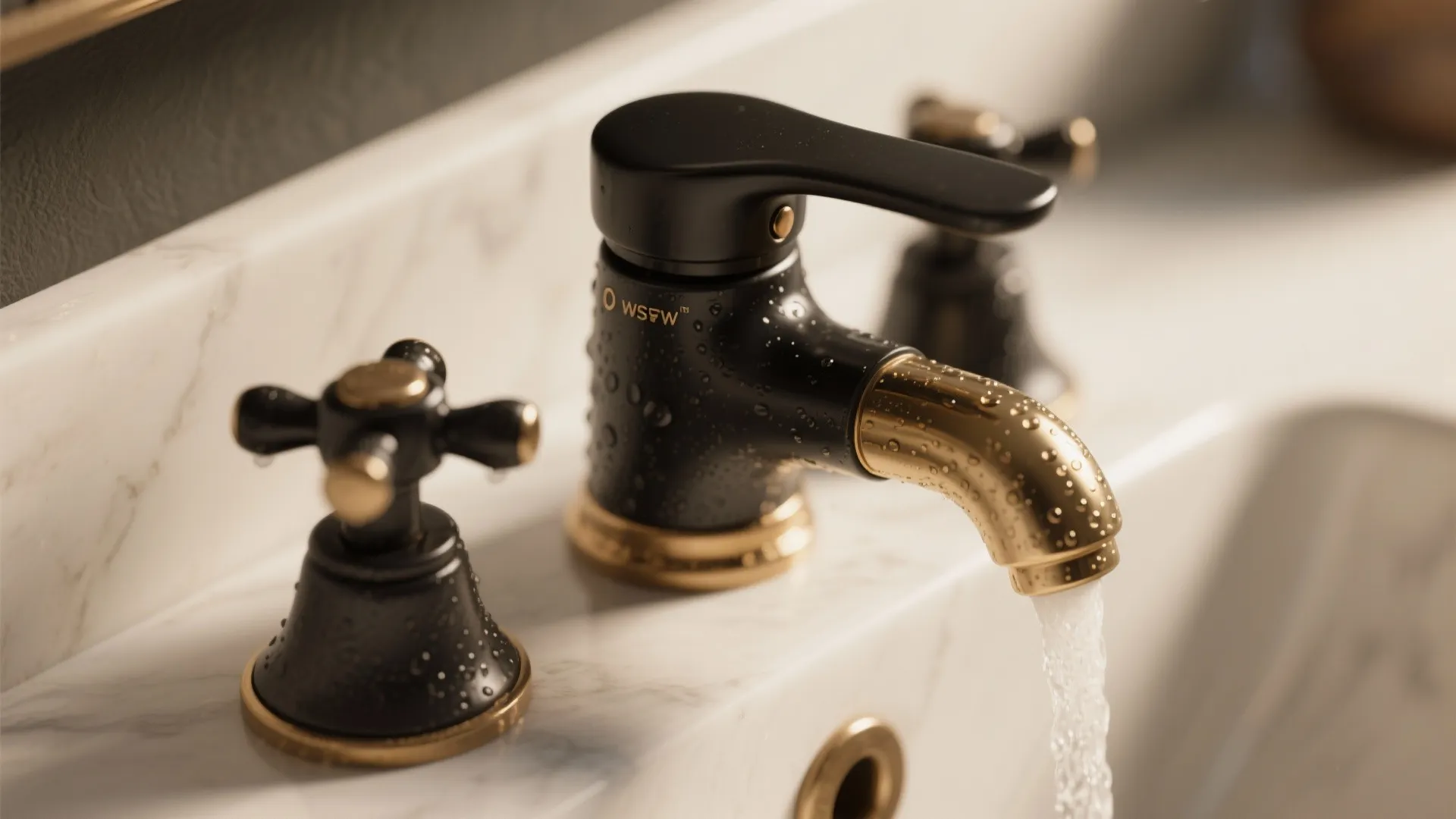 Black and gold water tap with flowing water on white marble surface in bathroom sink