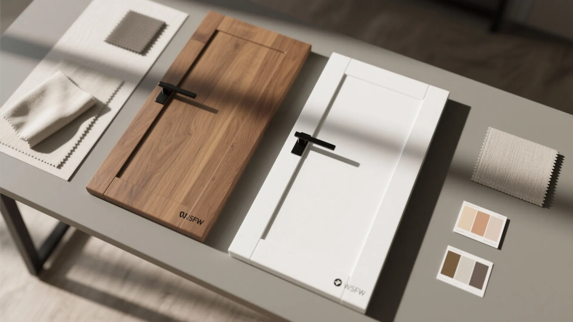 4. Mixed finishes: black pulls with warm wood or white lacquer