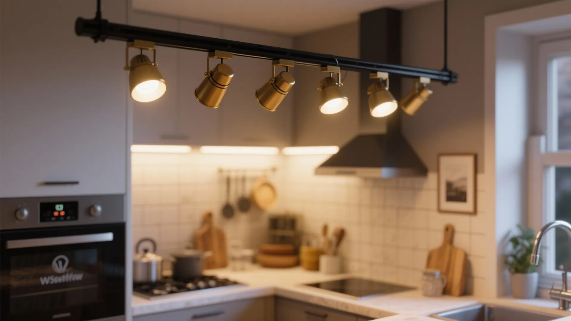 Gold light fixtures on a black track above a kitchen counter with oven and sink