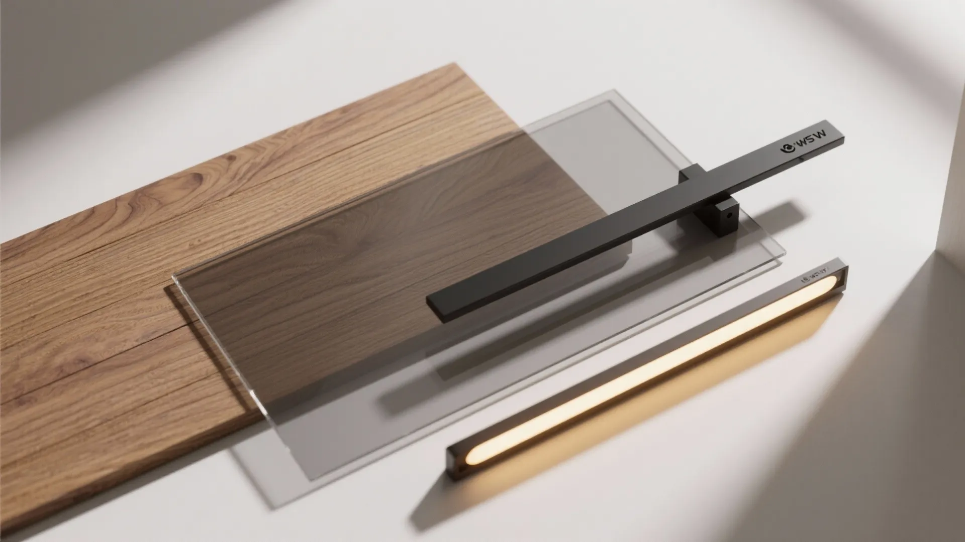 Flatlay of rift-cut oak, smoked tempered glass, matte black steel bracket and warm LED strip sample.