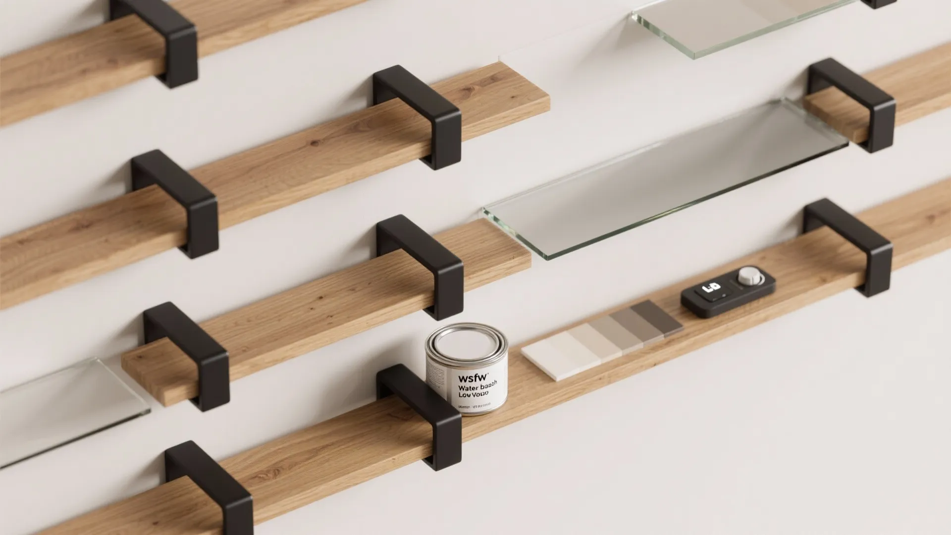 Wall display featuring wooden and glass shelves with black brackets plus paint can and samples