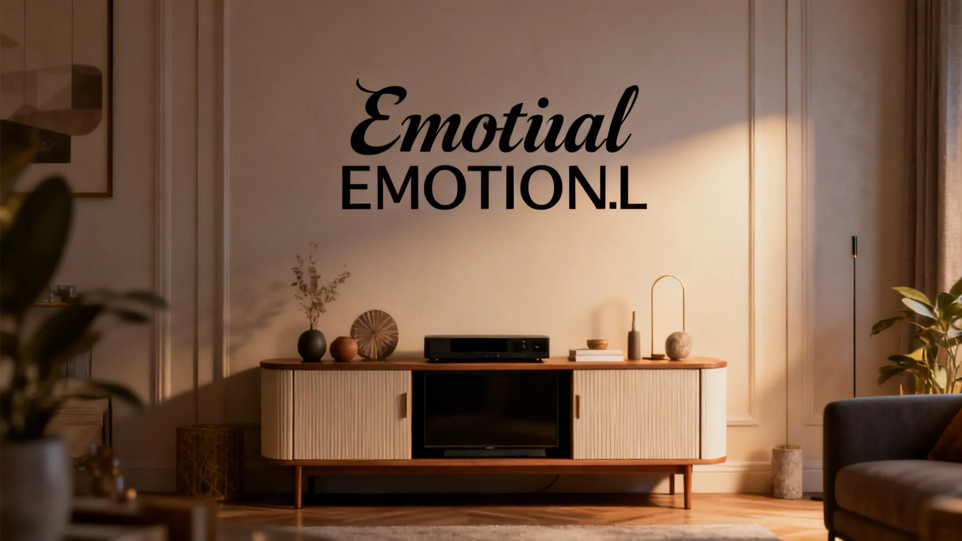 3. Mixed-font phrase over a media cabinet