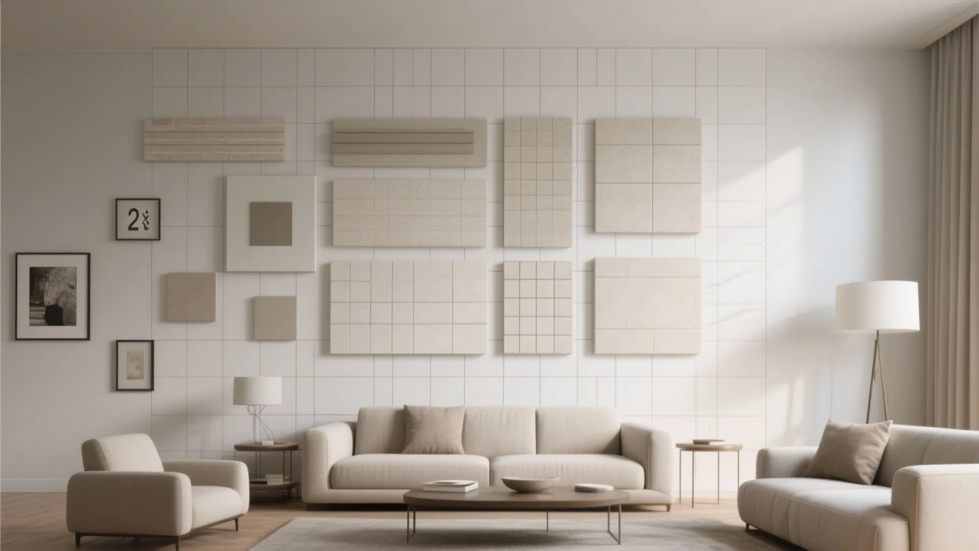Minimalist living room featuring beige sofa and wall art display with square and rectangular panels