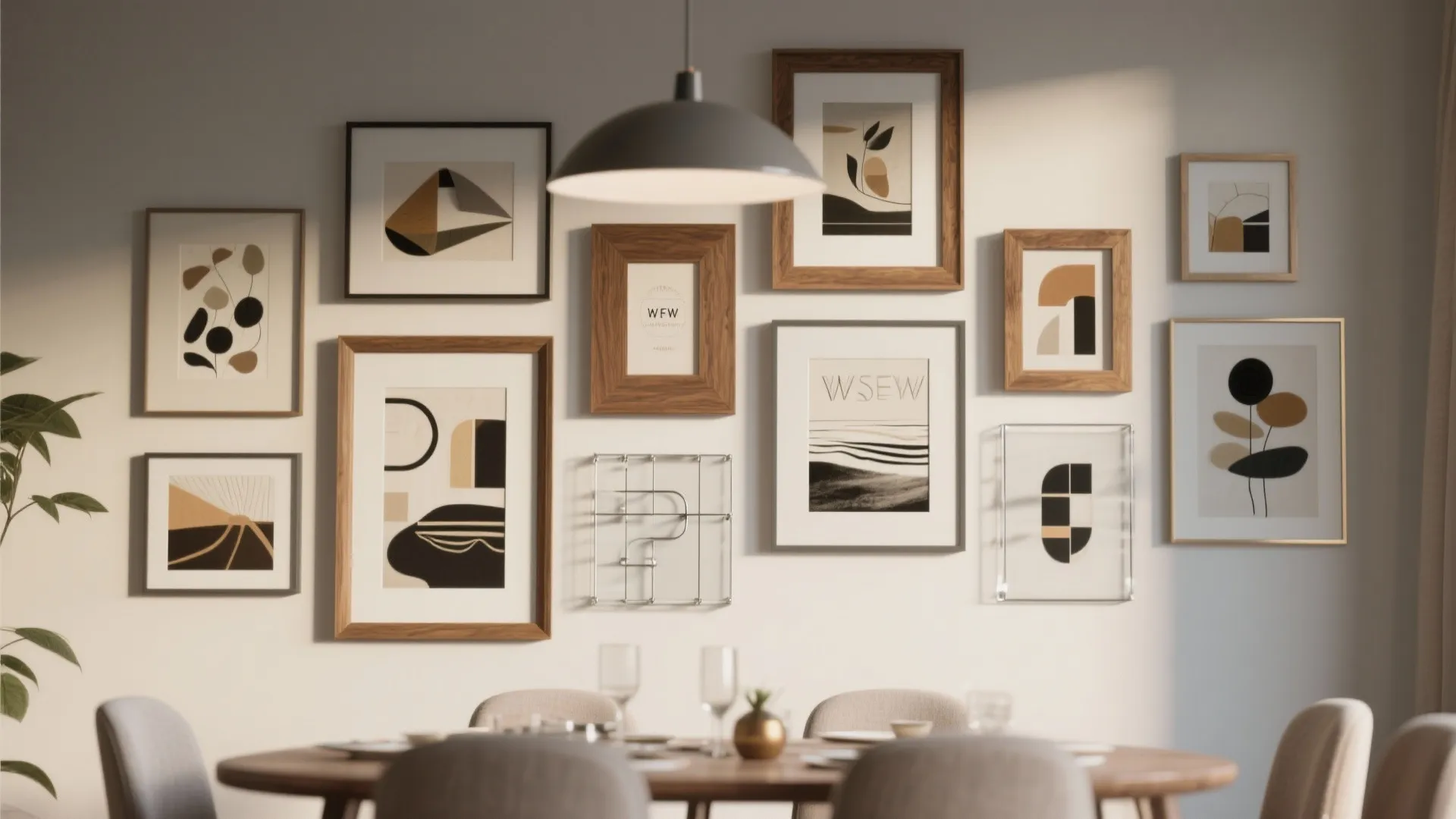 Gallery wall with framed abstract art pieces above a dining table and grey ceiling light
