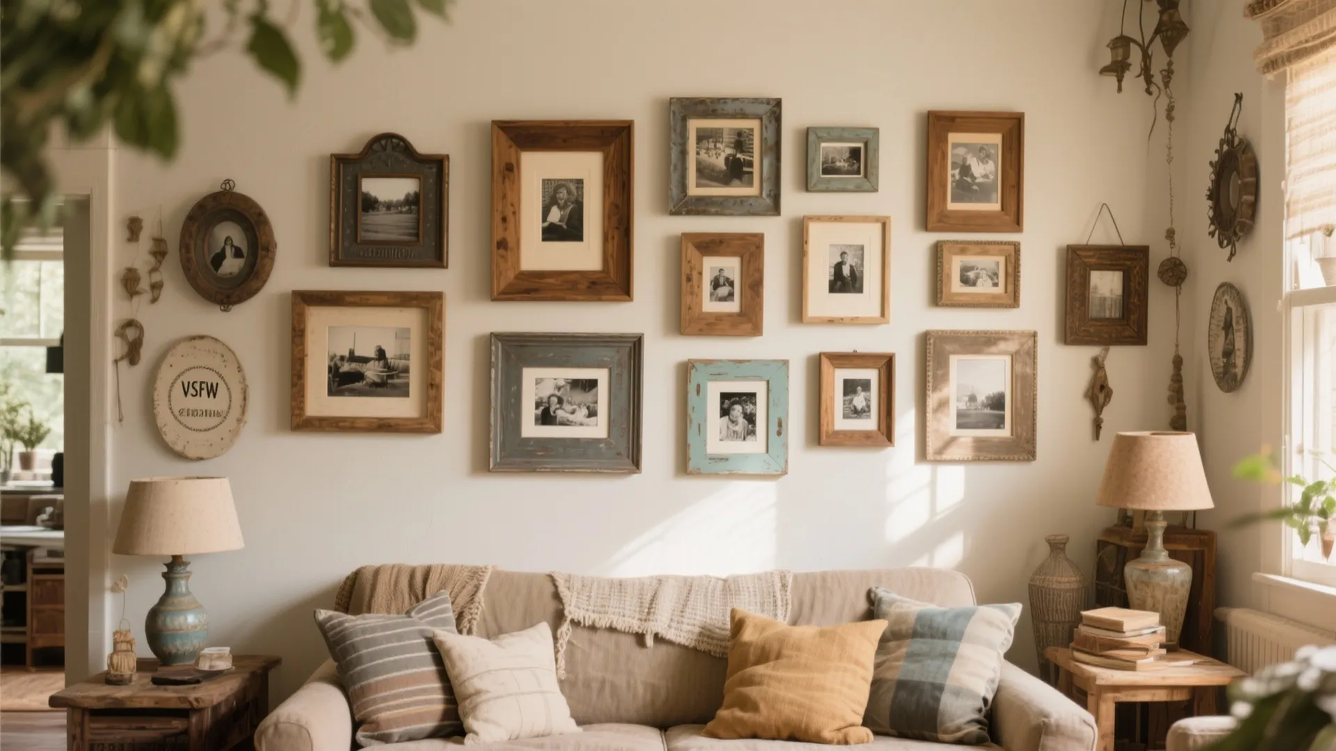 Eclectic wall gallery with mismatched 4x6 photo frames in varied finishes
