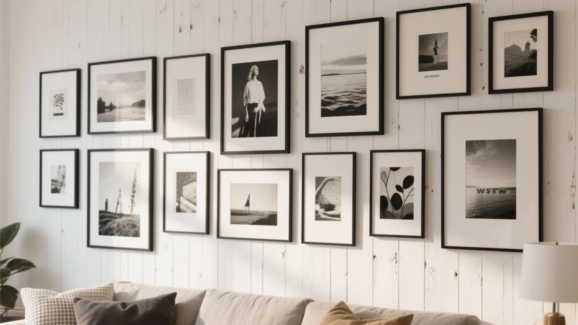 Gallery wall with assorted wooden and metal frames
