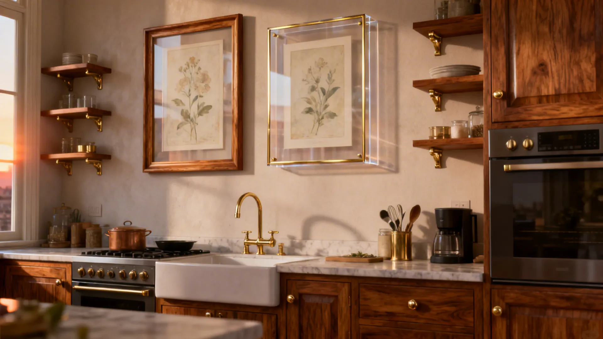 Mixed materials: wood, brass, and floating acrylic