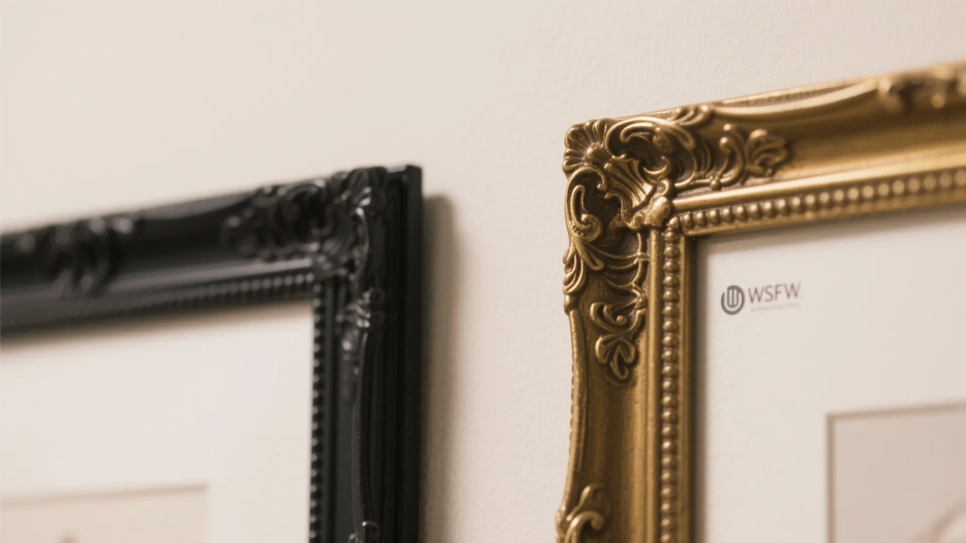 Close up view of ornate gold and black picture frames hanging on a white wall