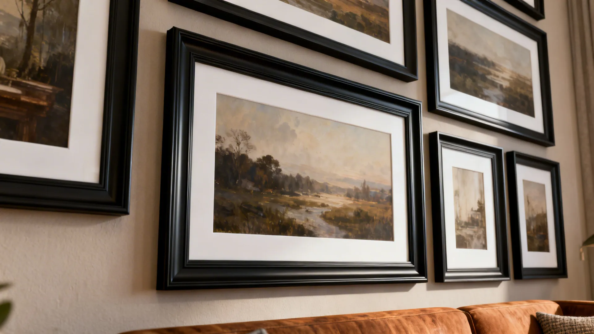 Gallery wall with mixed black frame widths and consistent mats to create depth.