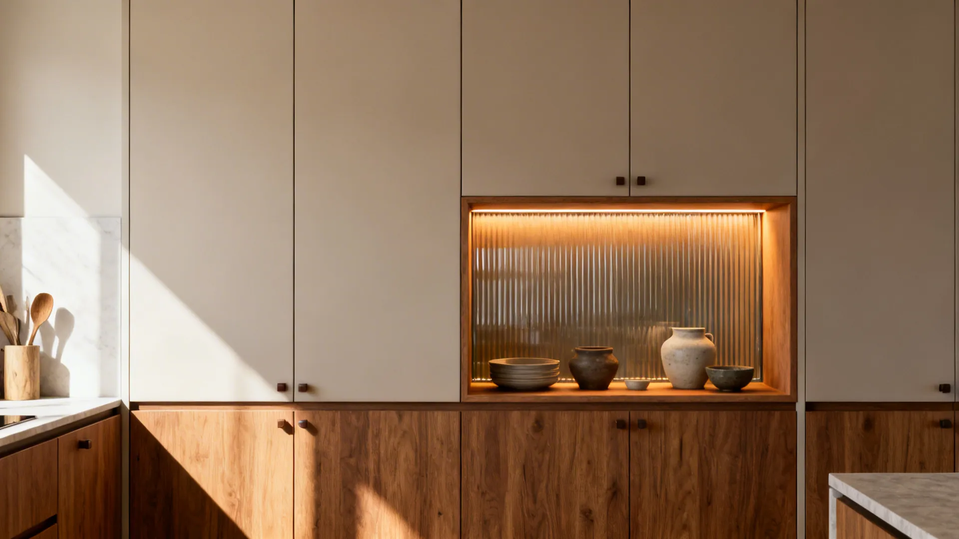 Modern kitchen with white upper cabinets wood lower cabinets and lighted glass shelf with bowls