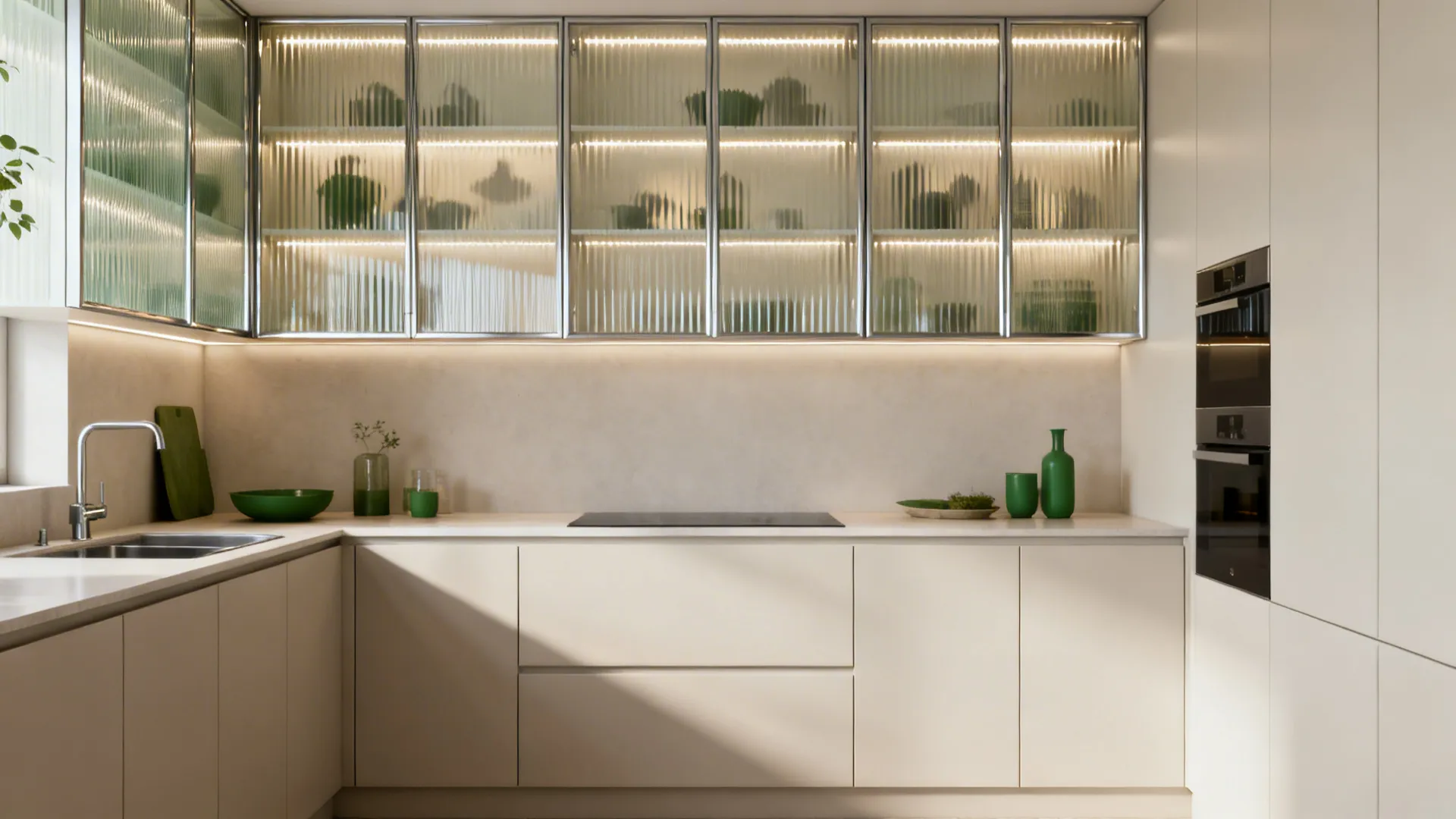 Small kitchen with solid base cabinets and ribbed glass upper cabinets softly lit from within.