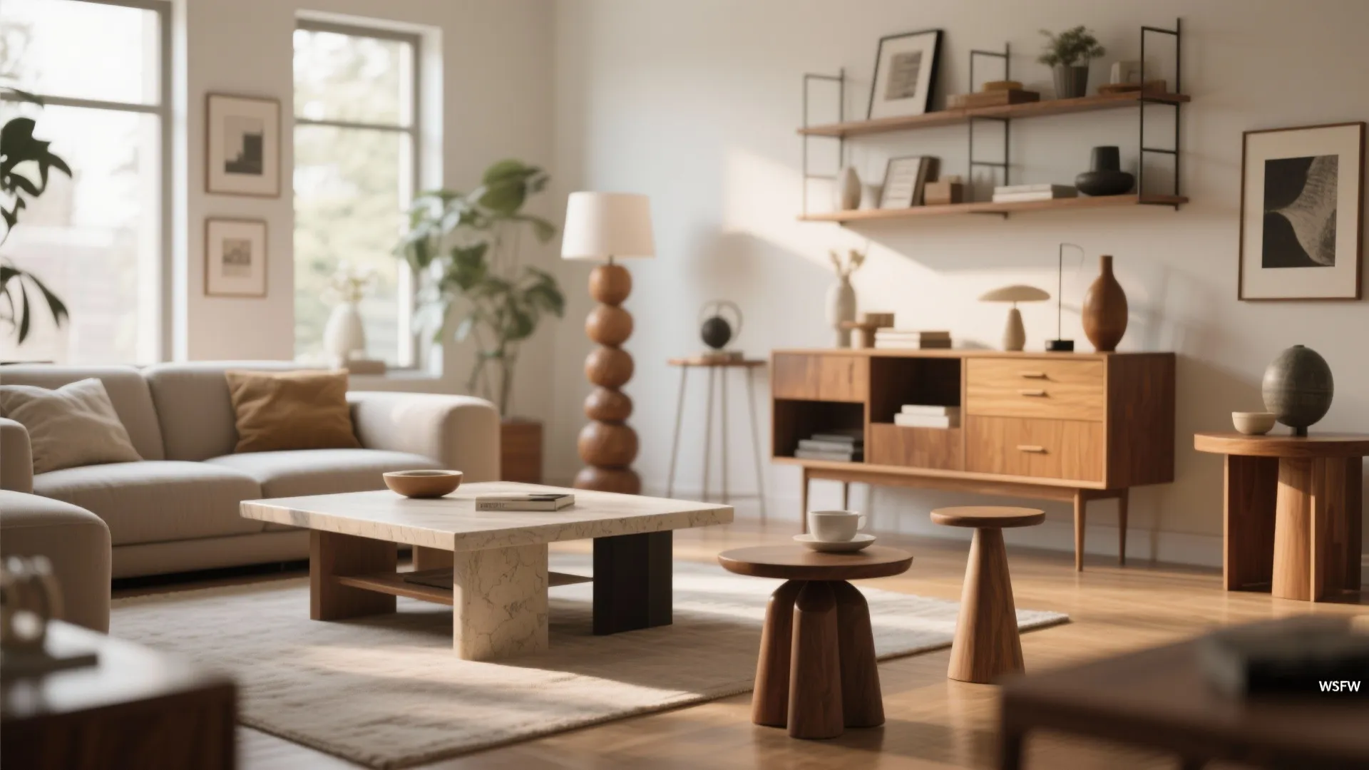 Living room interior design with wood cabinet wall shelves marble coffee table and various small stools