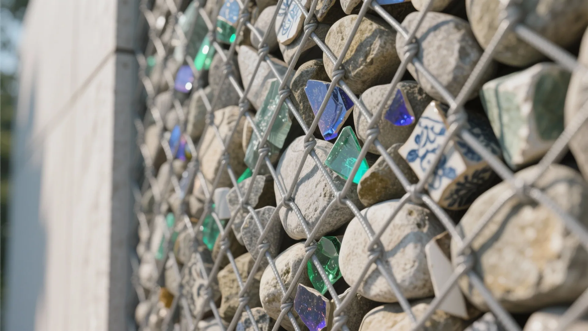 Wire wall filled with grey rocks and mixed colorful glass pieces for a decorative garden design