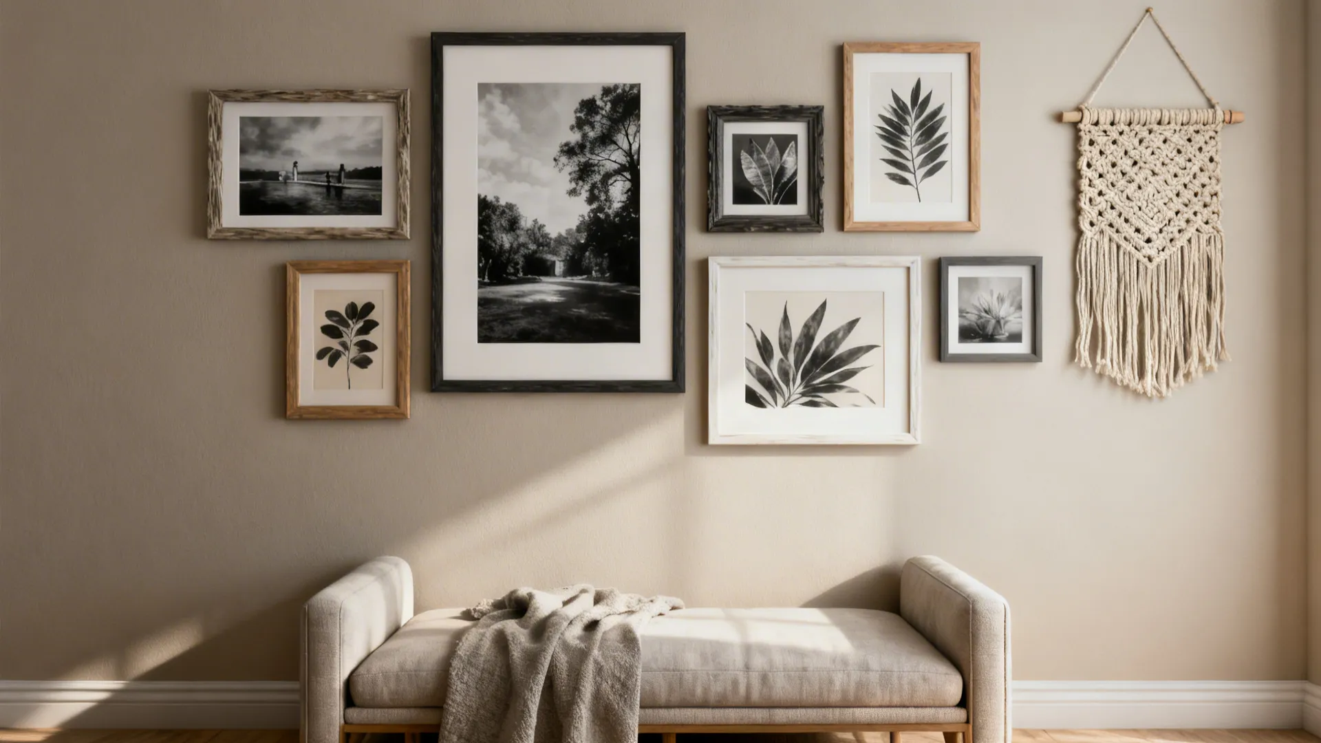 Asymmetrical gallery wall with black-and-white photos, botanical prints, and a woven piece above a sofa