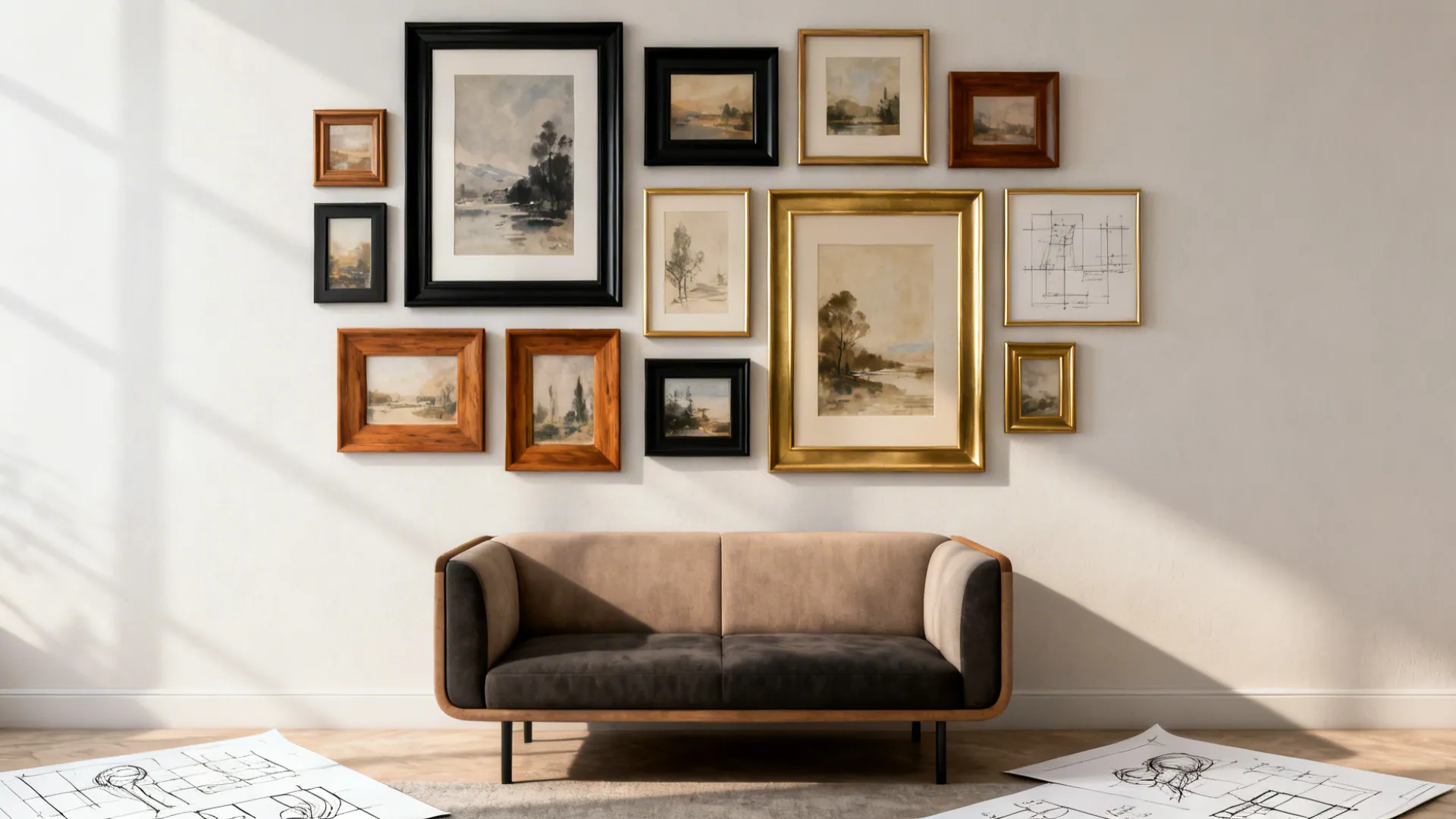 Gallery wall with mixed-size frames in different finishes above a compact sofa.