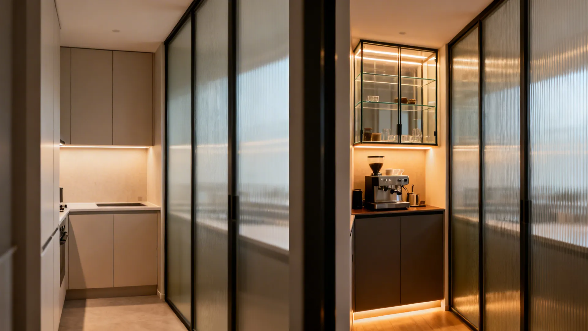 Kitchen views separated by ribbed glass sliding doors with warm cabinet lighting and coffee machine