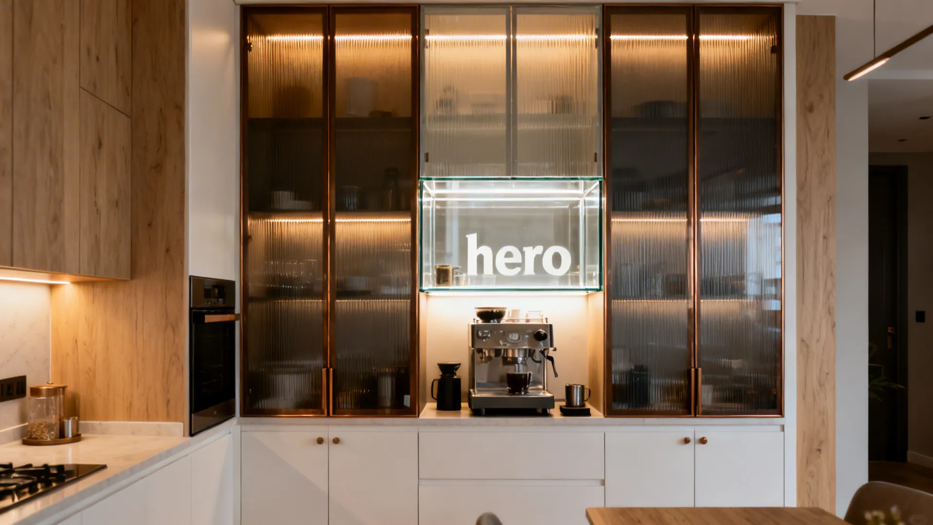 Coffee station area featuring textured glass cabinets with warm lighting and a modern coffee machine