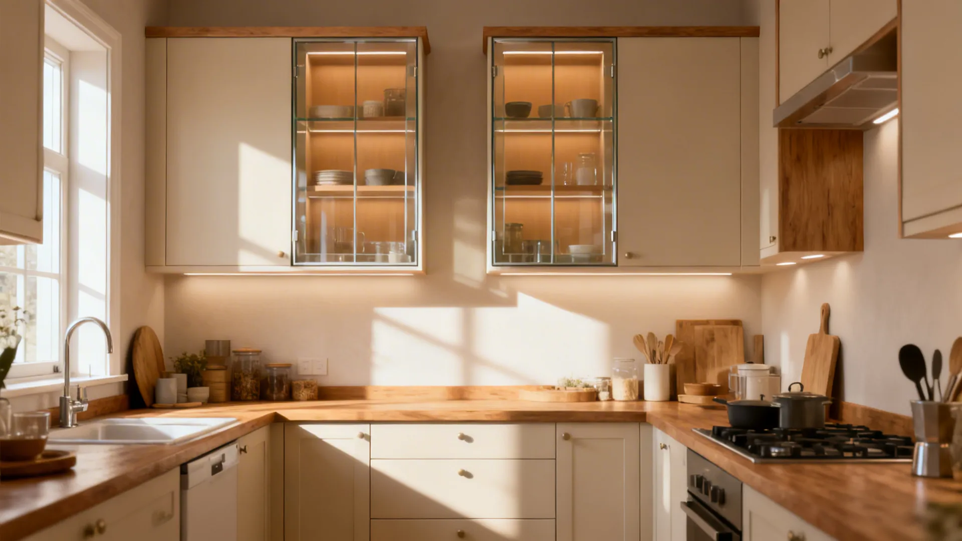 Small kitchen with selective clear glass uppers balanced by solid doors.